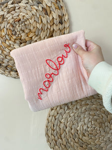 Hand Embroidered Swaddle with Drop Shadow Style Lettering