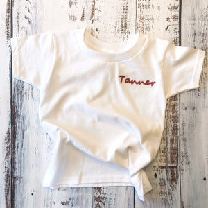 hand embroidered cotton toddler name t-shirt  Edit alt text