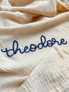 Hand Embroidered Swaddle with Drop Shadow Style Lettering