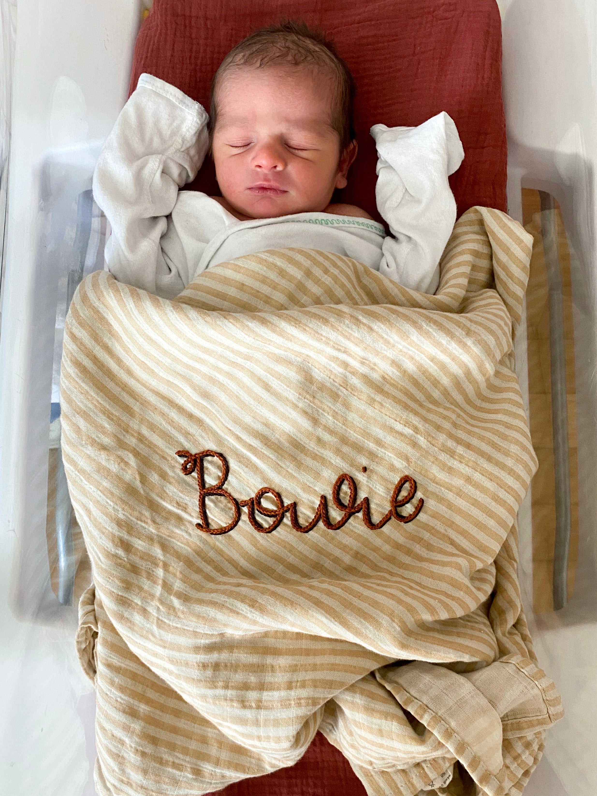 Hand Embroidered Swaddle with Drop Shadow Style Lettering